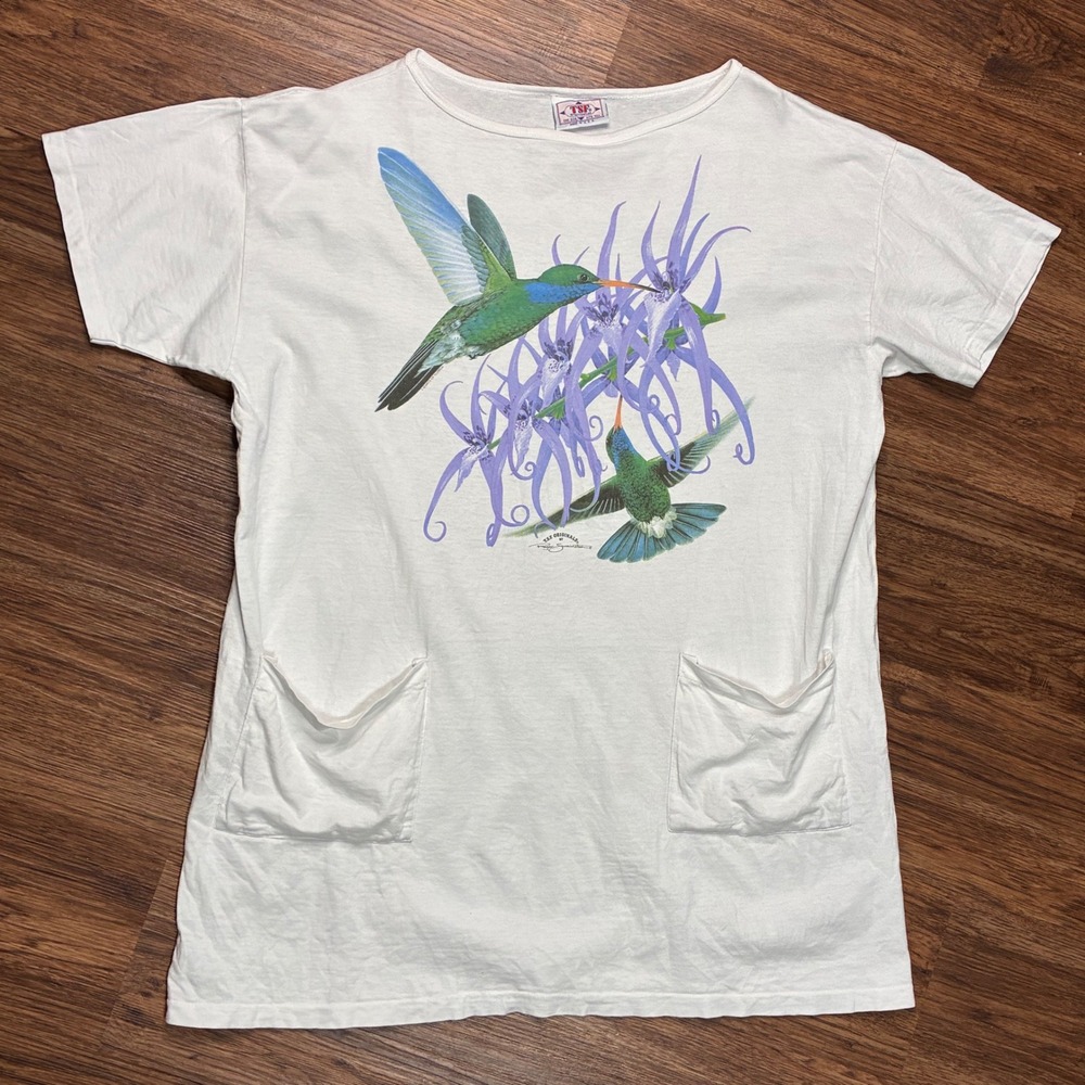 TSF Hummingbird Floral Pocket T-Shirt Womens One Size White Vintage 90s USA Made